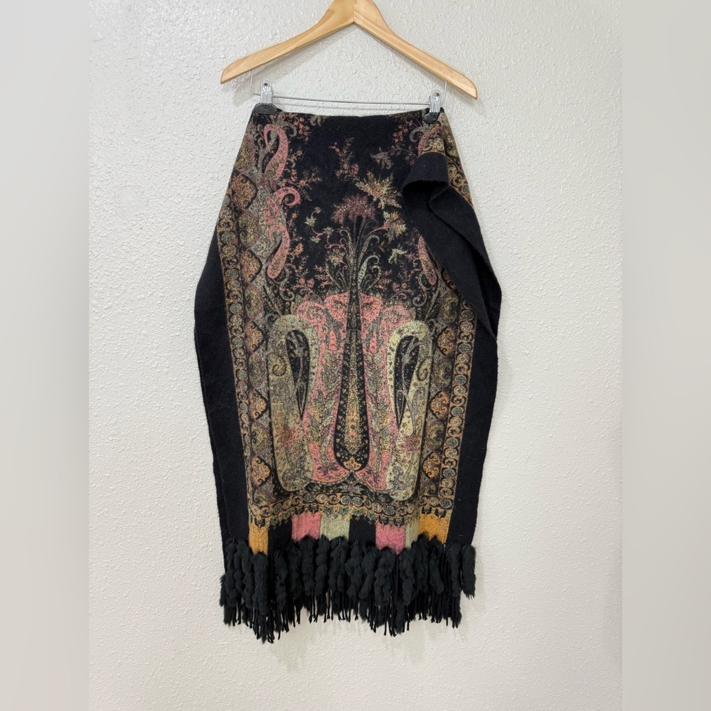 La Fiorentina 100% Cashmere Shawl Rabbit Fur & Leather Fringe Paisley Wrap Boho